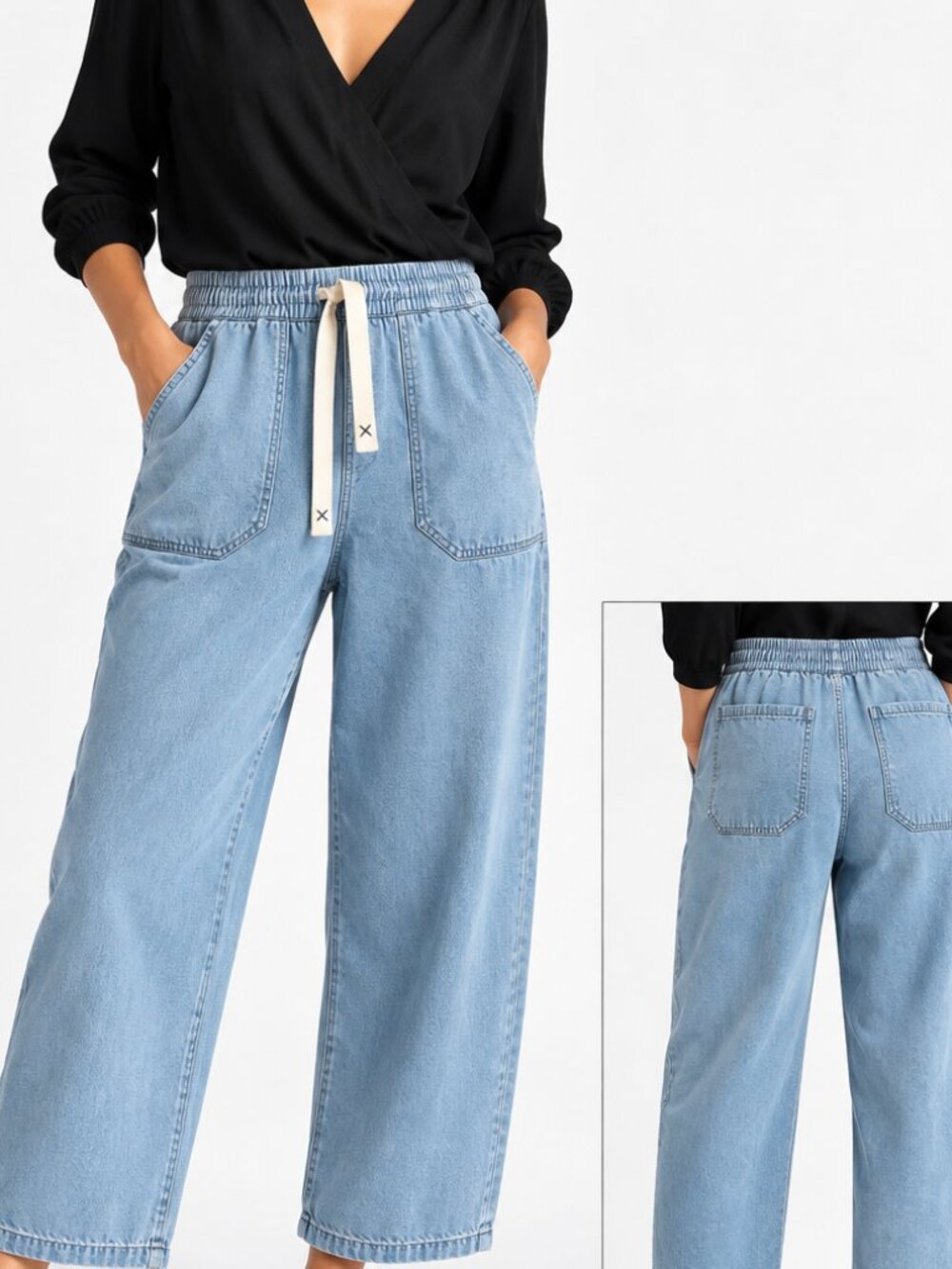 Light Wash Denim Pull-On Pants – Relaxed Wide Leg